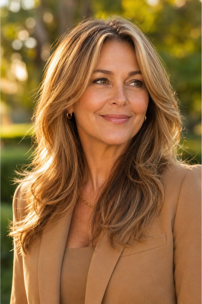 Woman over 50 with honey blonde layers featuring warm tones and face-brightening highlights