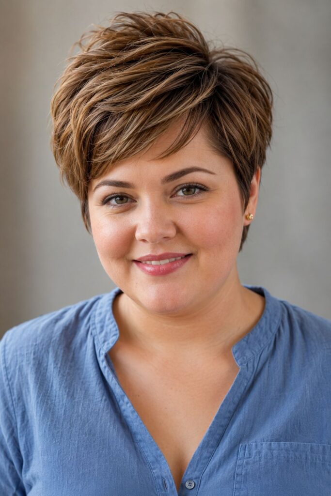 Woman with layered pixie cut featuring crown height and honey-brown highlights