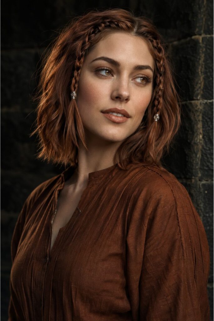 Woman with a layered Viking bob featuring front braids and silver rings in copper-auburn hair