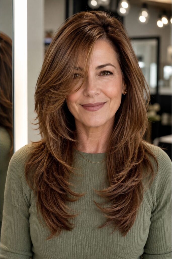 Woman over 50 with a long butterfly cut featuring face-framing layers and warm honey tones