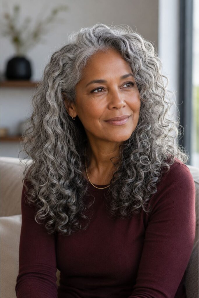 Woman over 50 with long curly silver hair featuring defined curls and natural silver tones