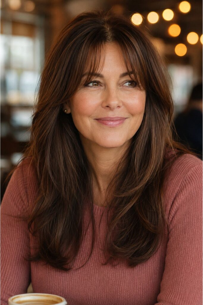 Woman over 50 with long curtain bangs featuring soft face-framing detail and warm brunette tones