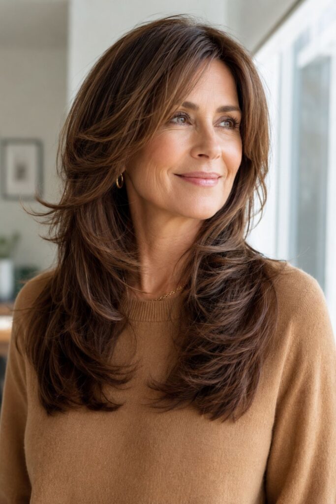 Woman over 50 with long feathered layers featuring light airy movement and warm brunette color