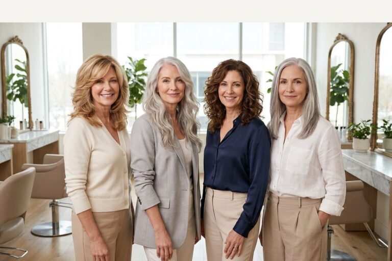 Elegant long hairstyles for women over 50 featuring layered blonde, silver, brunette, and wavy hair inspiration.