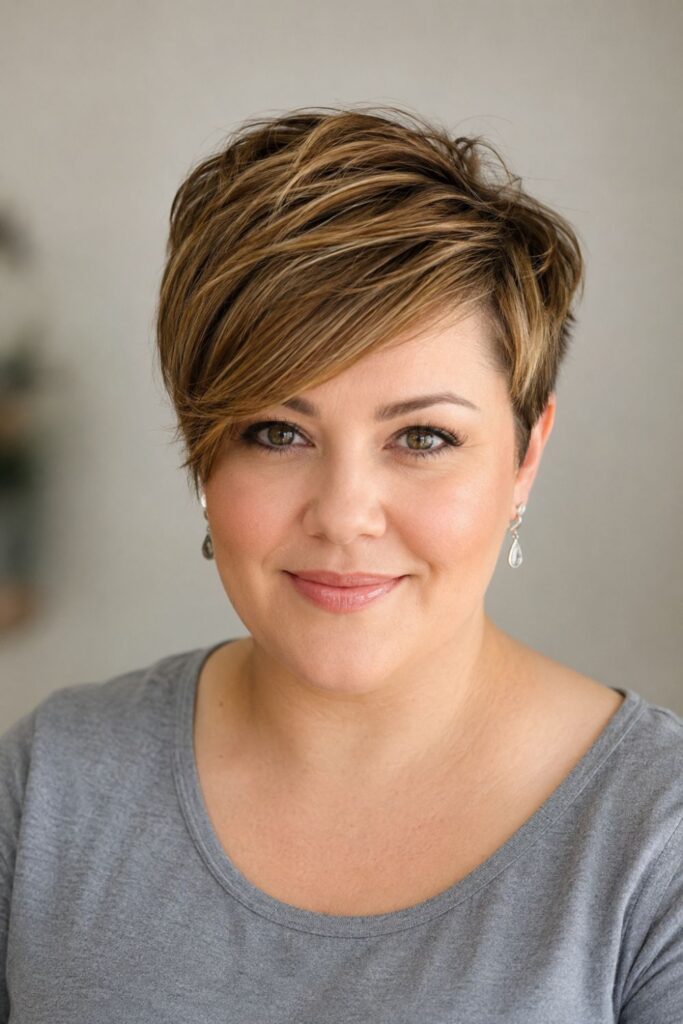 Woman with long pixie featuring side-swept bangs and caramel-brown highlights