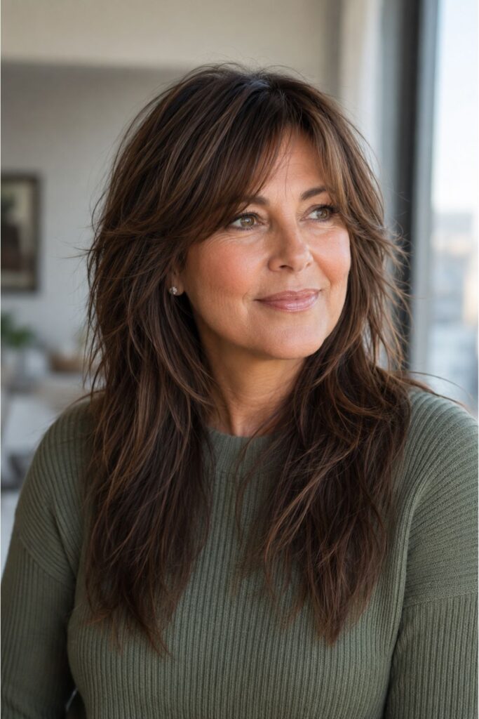 Woman over 50 with a long shag haircut featuring choppy layers and natural brunette texture
