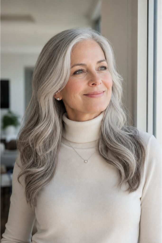 Woman over 50 with long silver waves featuring natural silver tones and elegant loose movement