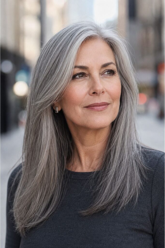 Woman over 50 with long straight gray hair featuring sleek polished finish and natural shine