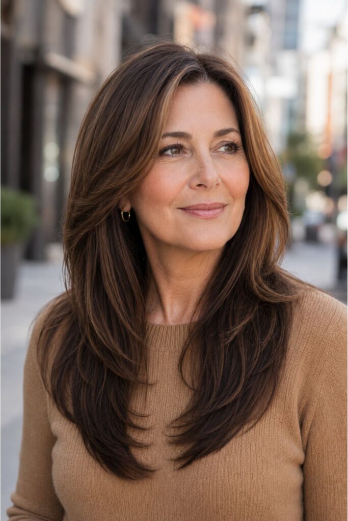 Woman over 50 with a long V cut featuring a defined back point and natural brunette movement