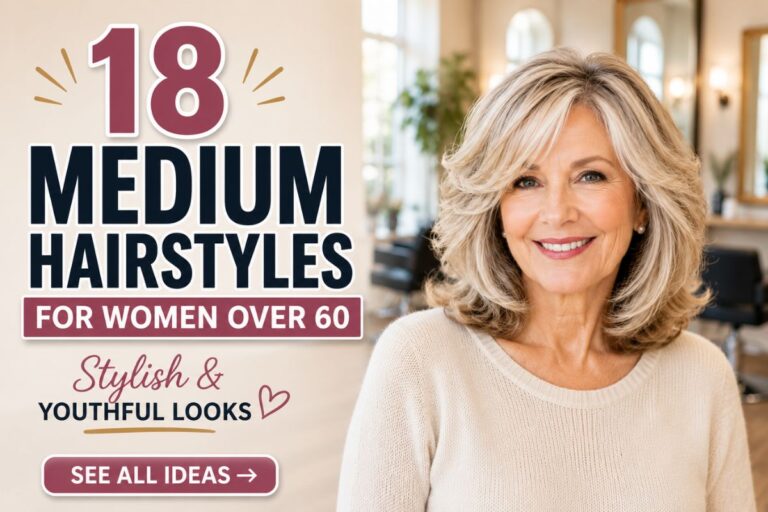 Elegant shoulder-length layered hairstyle on a woman over 60 with soft silver-blonde hair and natural volume in a bright modern salon.