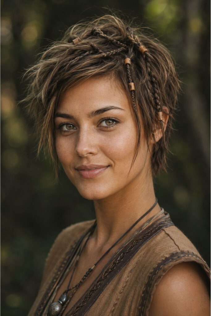 Woman with messy Viking texture and micro braids featuring wooden beads and natural tousled finish