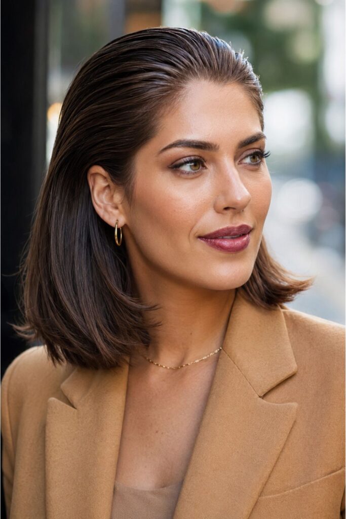 Woman with a modern slick back lob featuring a smooth brushed-back finish and natural movement