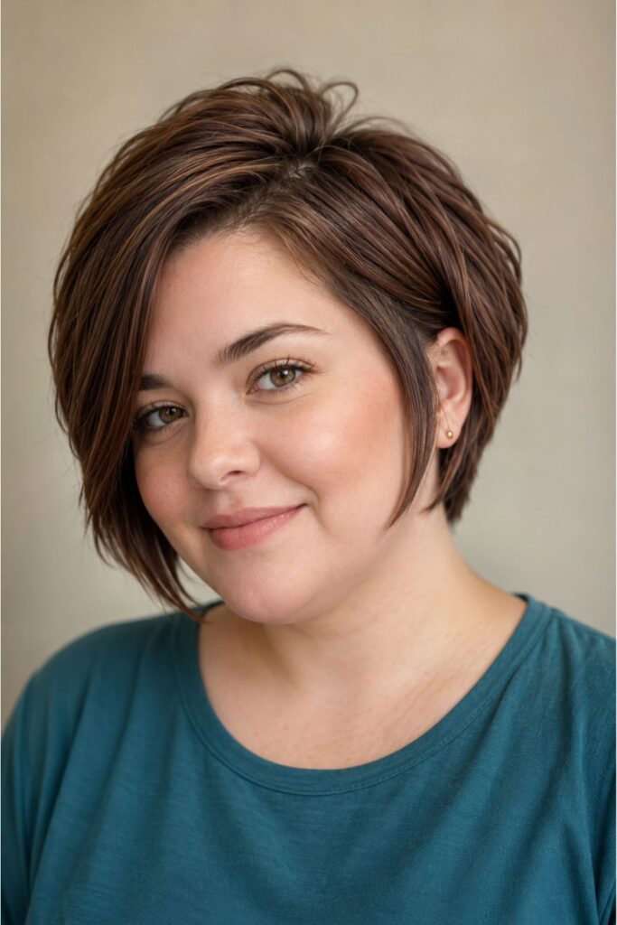 Woman with pixie bob featuring longer front pieces and chestnut-brown color