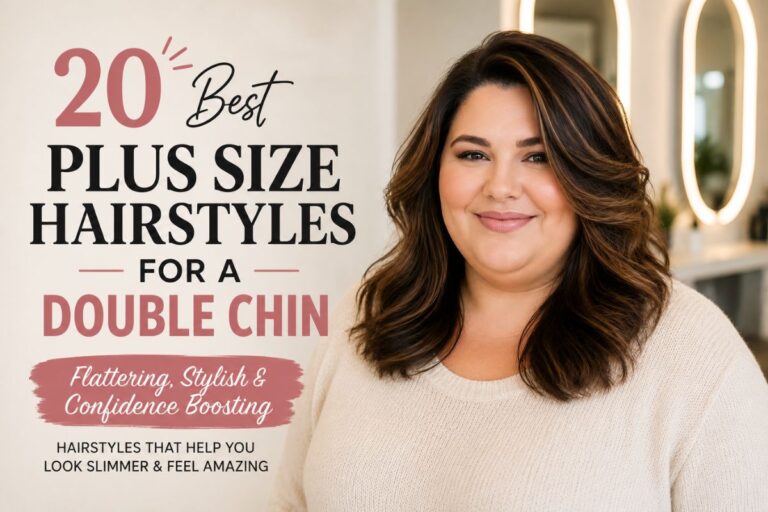 Plus size woman with a flattering layered hairstyle for a double chin featuring soft face-framing layers and loose waves.