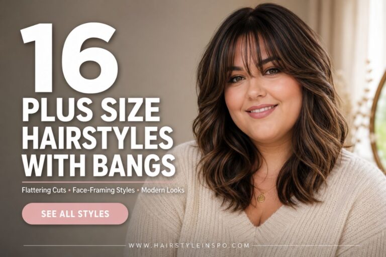Woman with soft layered hair and curtain bangs showcasing flattering plus size hairstyles with bangs.