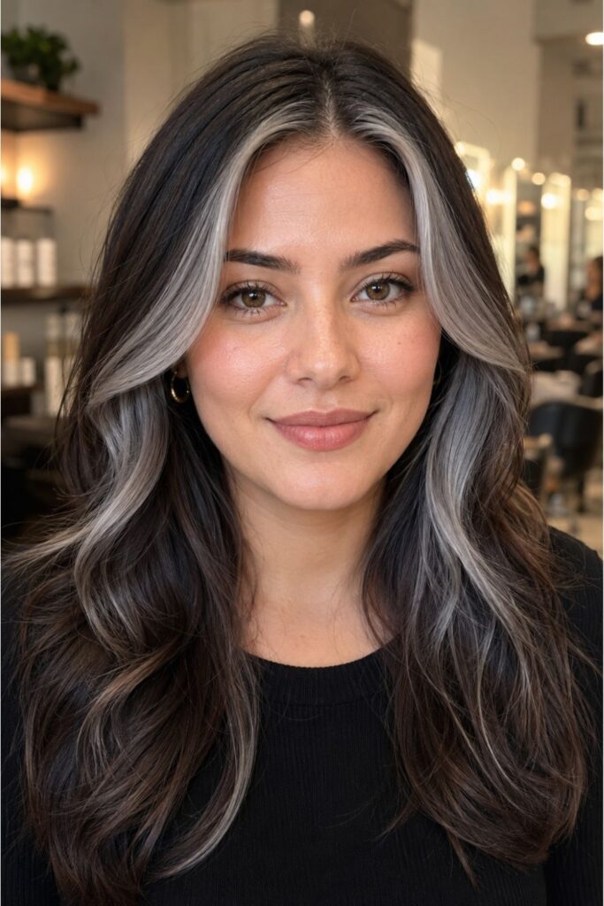 Woman with rich brown hair and silver face highlights showing brightening front section contrast