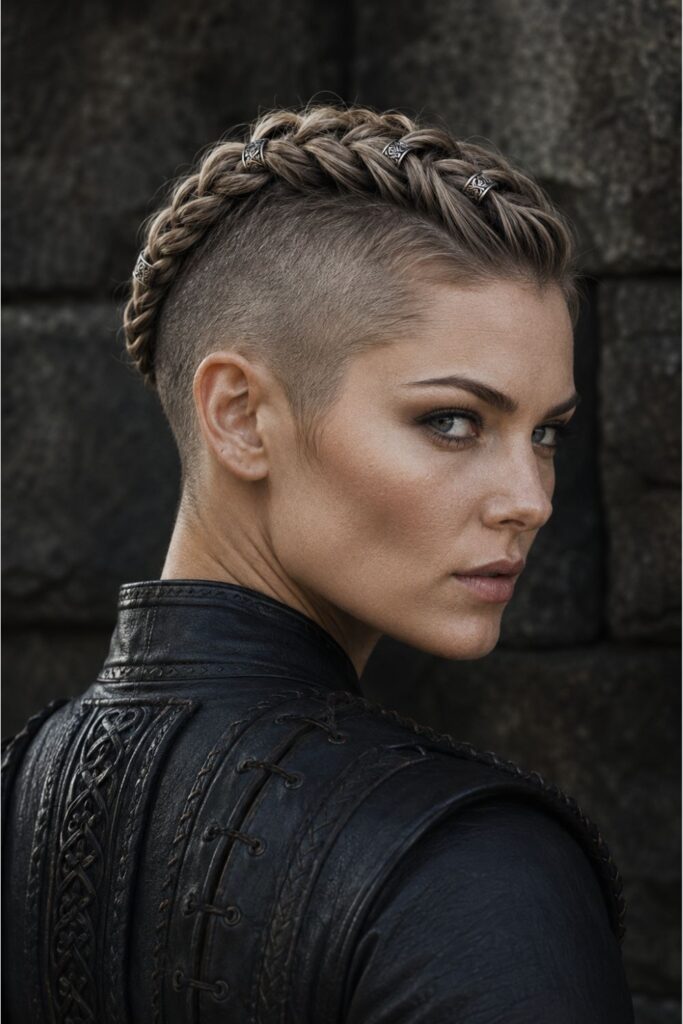 Woman with a shaved nape and top braid Viking hairstyle featuring silver Norse cuffs