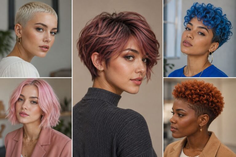 Collage of women showing different short colored hairstyles including pink bob, blue pixie, and copper afro