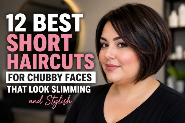 Short haircuts for chubby faces featured image showing a smiling woman with a sleek layered bob hairstyle, soft side part, and face-framing layers in a modern salon. The haircut adds volume at the crown while longer front sections create a slimming effect for fuller cheeks. The featured image includes a bold text overlay reading "12 Best Short Haircuts for Chubby Faces That Look Slimming and Stylish" on the left, making it ideal for a hairstyle guide about flattering short haircuts, layered bobs, pixie cuts, bixie cuts, and face-slimming hairstyles for women with round or chubby face shapes.