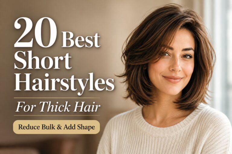 A smiling American woman with thick medium brunette hair wears a modern layered bob with soft face-framing layers and natural volume. She stands in a bright luxury salon with warm neutral tones, while the image features the text overlay "20 Best Short Hairstyles for Thick Hair" and a small badge reading "Reduce Bulk & Add Shape," highlighting stylish haircut ideas for thick hair.
