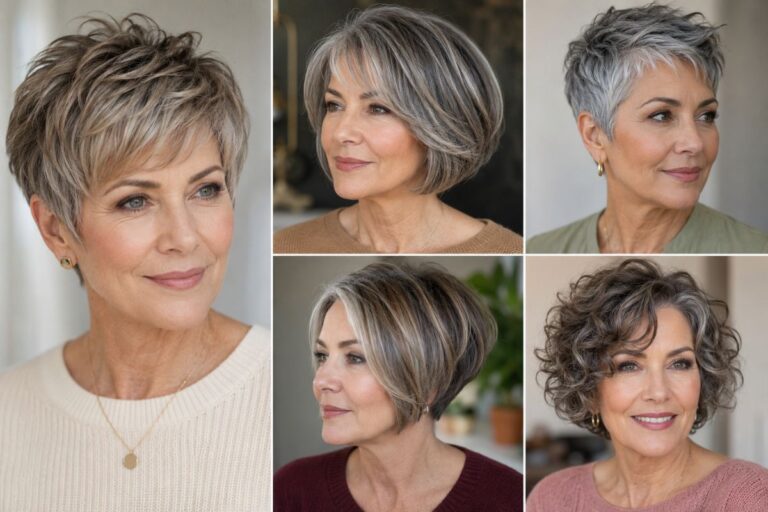 Collage of older women showing different short hairstyles including pixie bob and layered styles