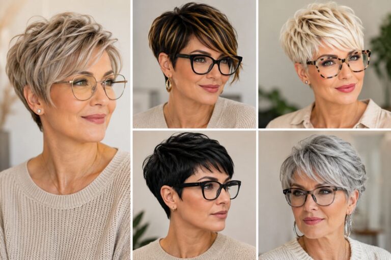 Stylish short pixie haircuts for women with glasses featuring different modern pixie styles.