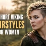 A woman with a short Viking-inspired pixie hairstyle featuring a side braid and subtle undercut, standing outdoors in a Nordic forest with soft natural light, showing one of the best short Viking hairstyles for women.