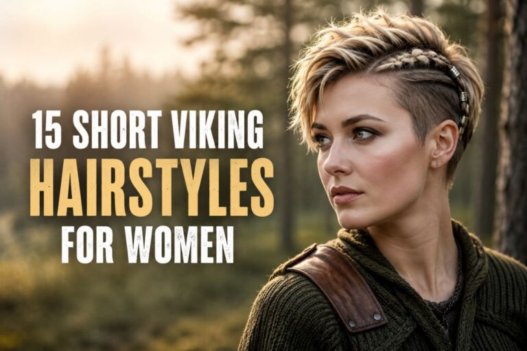 A woman with a short Viking-inspired pixie hairstyle featuring a side braid and subtle undercut, standing outdoors in a Nordic forest with soft natural light, showing one of the best short Viking hairstyles for women.