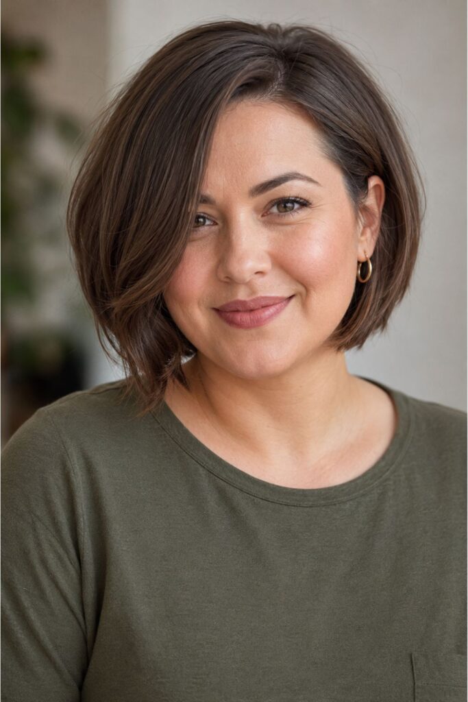 Woman with side-part bob featuring a deep side part and medium-brown color