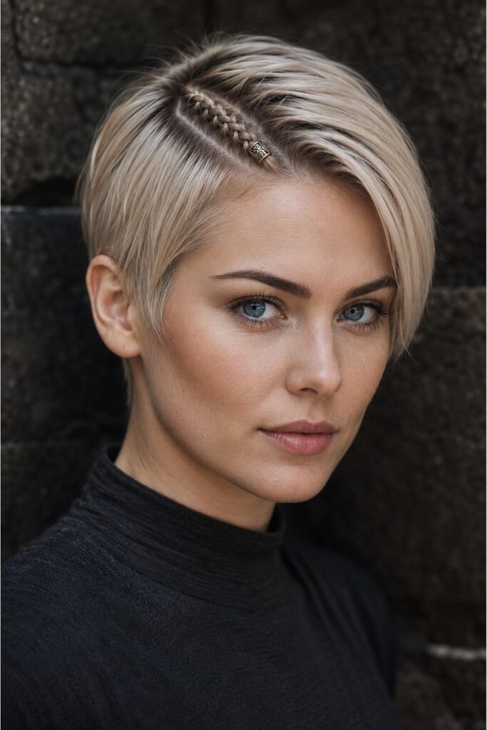 Woman with a side part braided pixie featuring a precise part braid and metal cuff