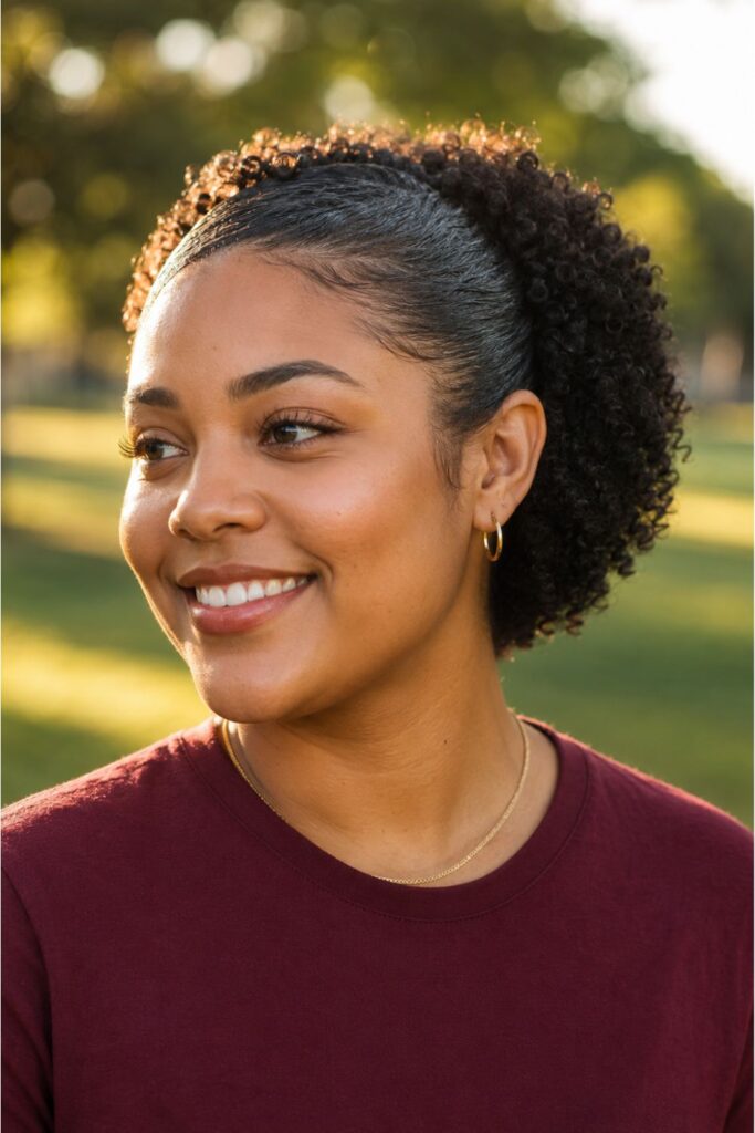 Woman with slick back curly short hair featuring a smooth front and defined natural curls