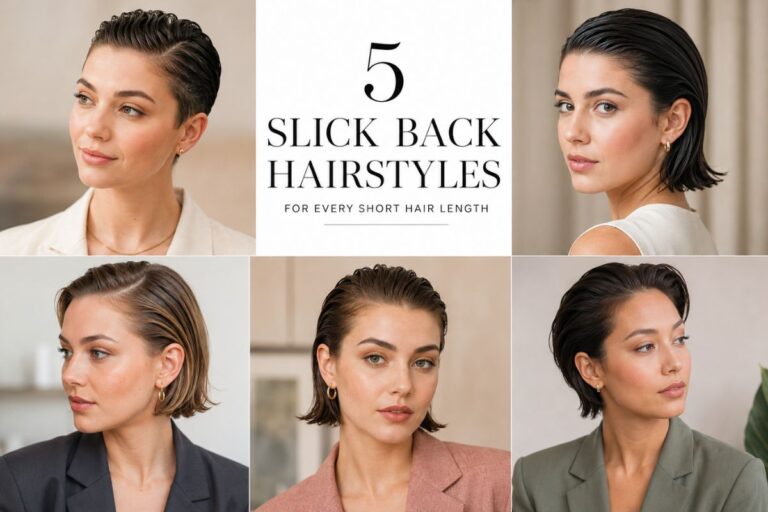 Collage of women showing different slick back hairstyles including pixie bob and lob styles