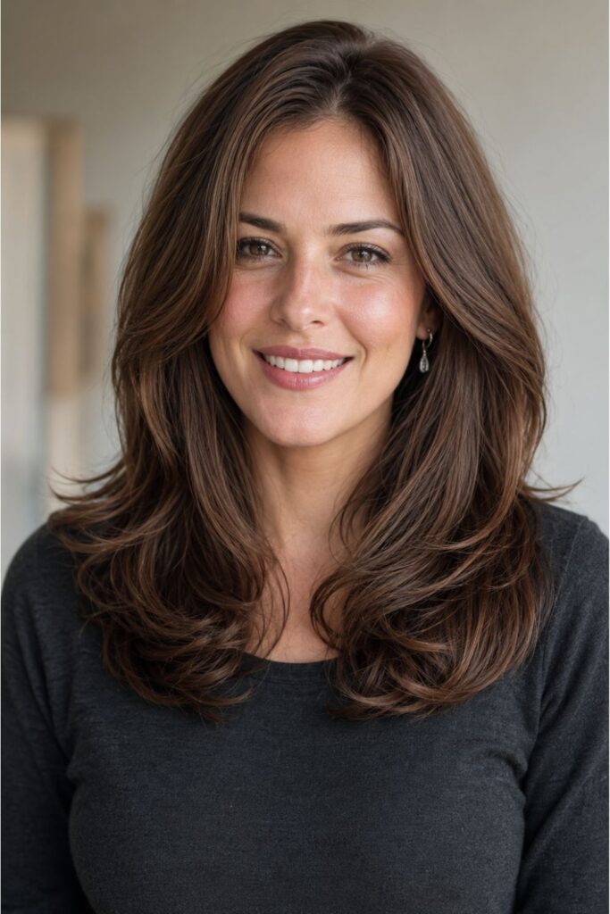 Woman with soft blowout layers showing bouncy volume in medium-brown medium-length hair