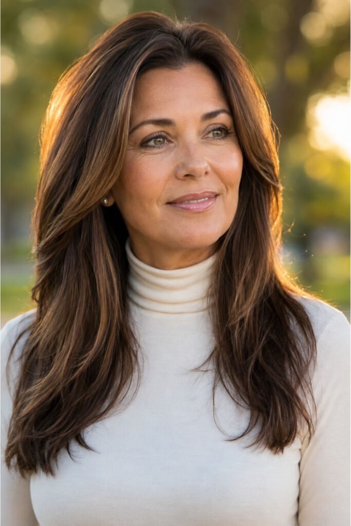 Woman over 50 with soft face-framing layers featuring warm brunette tones and natural movement