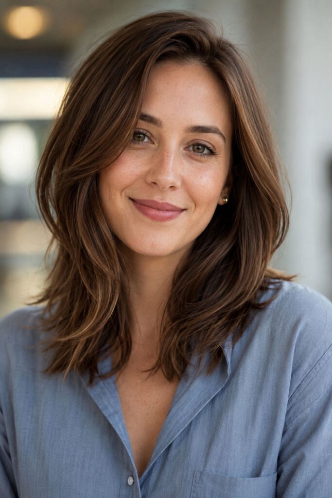 Woman with a soft layered lob haircut featuring gentle layers in chestnut-brown medium-length hair