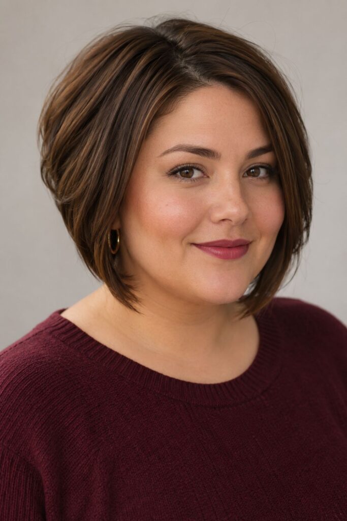 Woman with stacked bob featuring graduated back layers and chestnut-brown color