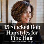A woman with a layered stacked bob hairstyle for fine hair showing natural volume, soft texture, and a modern salon haircut idea with text overlay reading 15 Stacked Bob Hairstyles for Fine Hair.