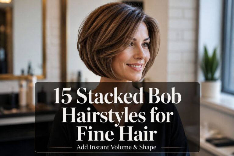 A woman with a layered stacked bob hairstyle for fine hair showing natural volume, soft texture, and a modern salon haircut idea with text overlay reading 15 Stacked Bob Hairstyles for Fine Hair.