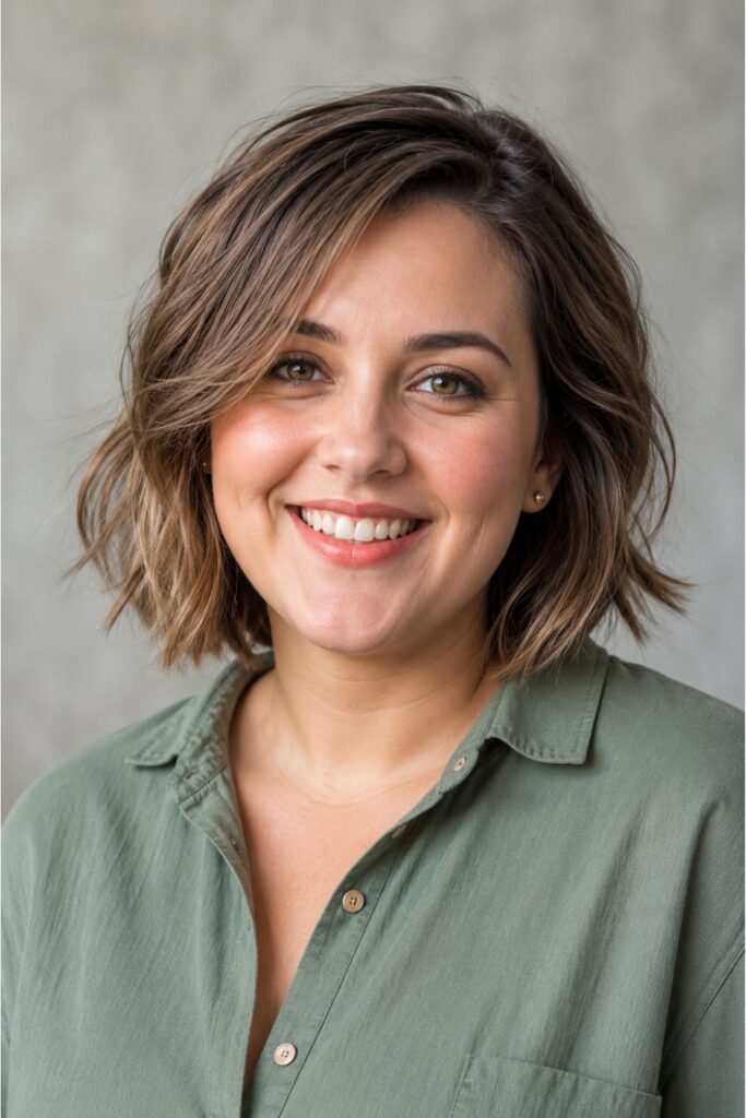 Woman with textured bob featuring soft layers and ash-brown highlights
