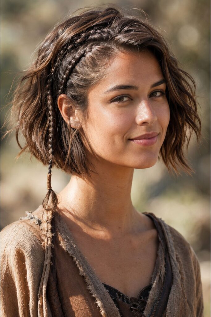 Woman with a textured Viking bob featuring side braids and leather cord accessories