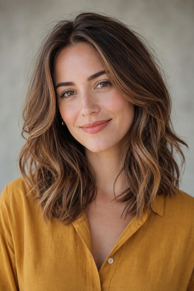 Woman with a textured wavy lob showing loose waves in caramel-brown medium-length hair