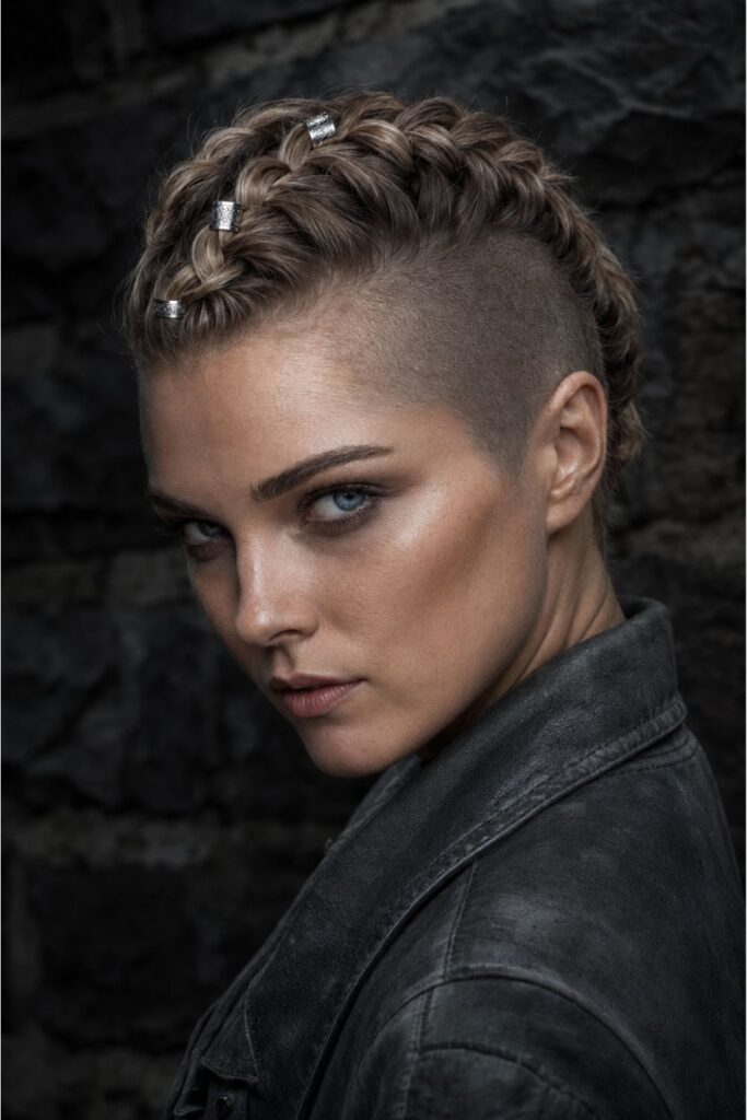 Woman with an undercut and crown braid Viking hairstyle featuring shaved sides and silver cuffs