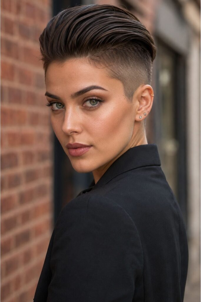 Woman with an undercut slick back pixie featuring shaved sides and a smooth brushed-back top