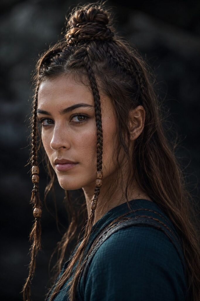 Woman with a Viking knot and braided fringe featuring wooden beads and warrior detail