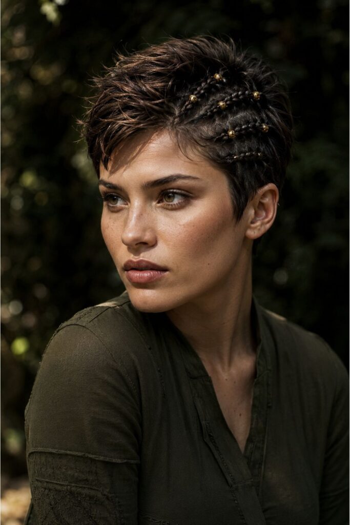 Woman with a Viking pixie featuring tiny micro braids and gold bead accessories