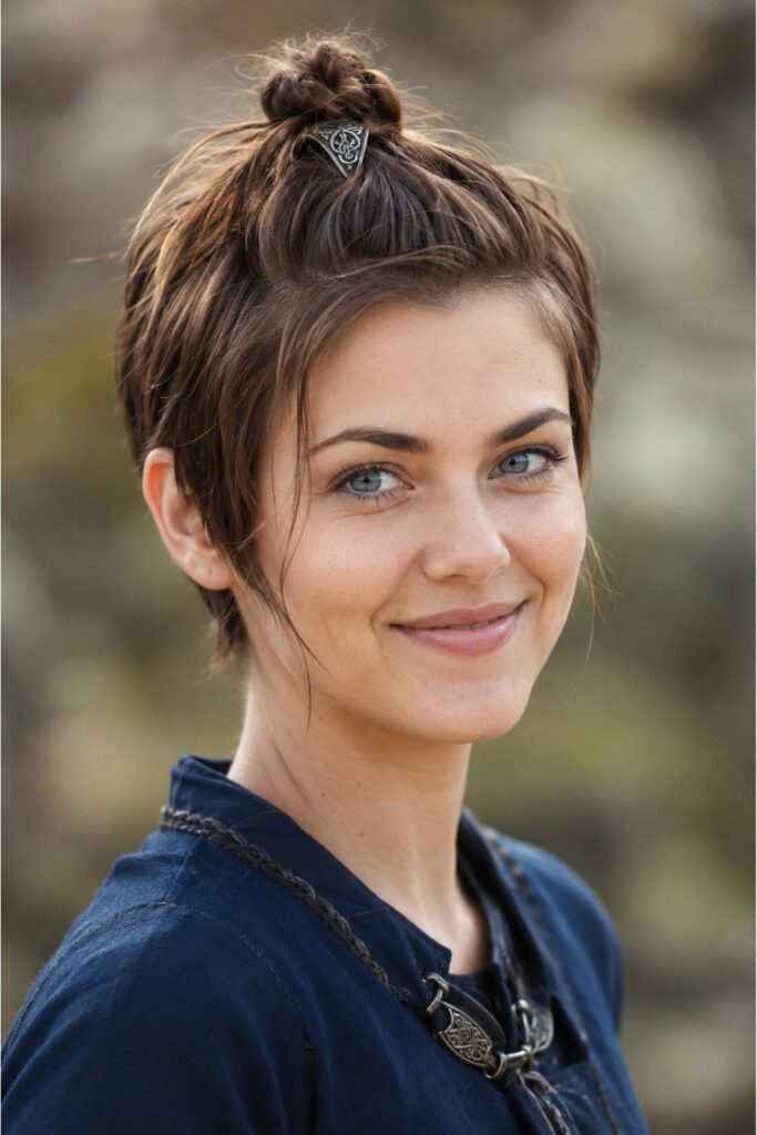 Woman with a warrior knot pixie featuring a crown knot and a Norse-inspired hair pin