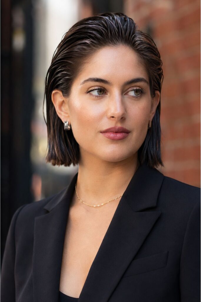Woman with a wet look short bob featuring a high-gloss finish and sleek combed-back style