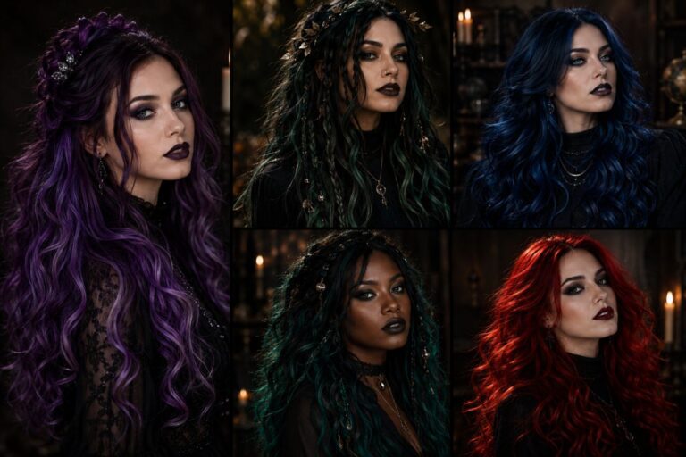 Collage of women showing different witch hairstyles including purple waves blue hair and emerald green styles