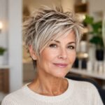 Elegant edgy choppy pixie haircut for a woman over 50 with soft textured layers and natural volume.