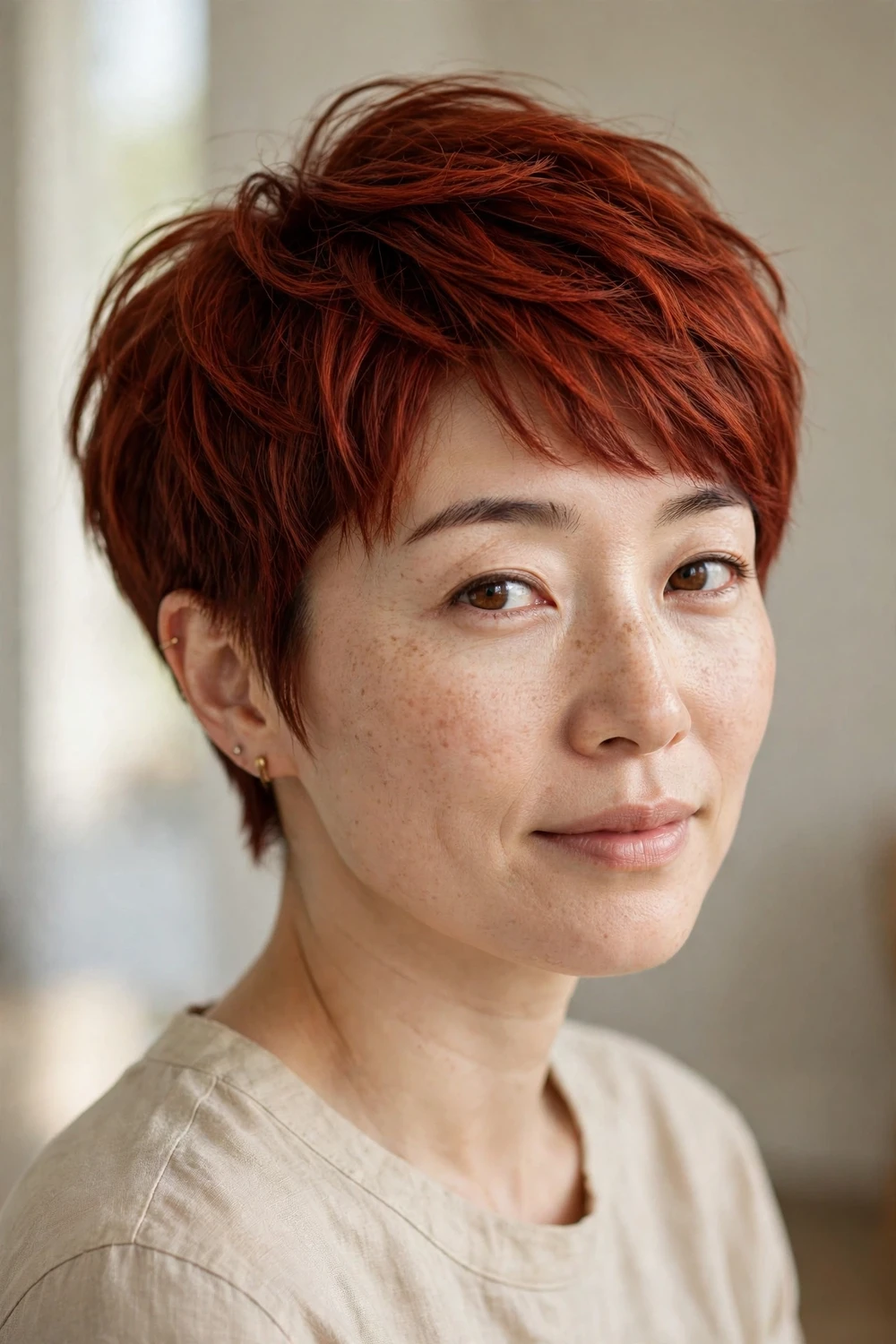 Woman with rich auburn pixie cut, tapered sides and piecey top layers
